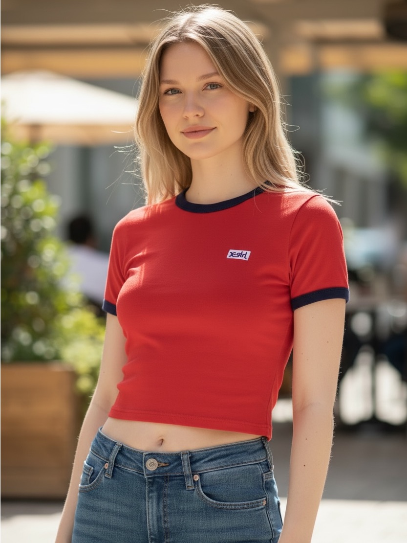 Vintage X Girl Red Ringer Tee With Navy Trim Crop Top